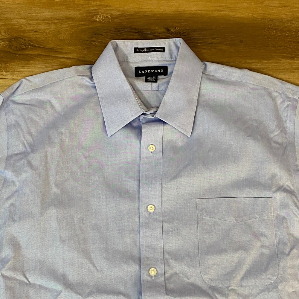 Lands' End Shirt Mens 16 1/2-32 Blue No Iron Pinpoint Oxford Supima Cotton